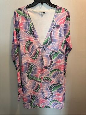 Fashion Nova Pink, Lavender & Green Butterfly-Print V-Neck Tunic size XL